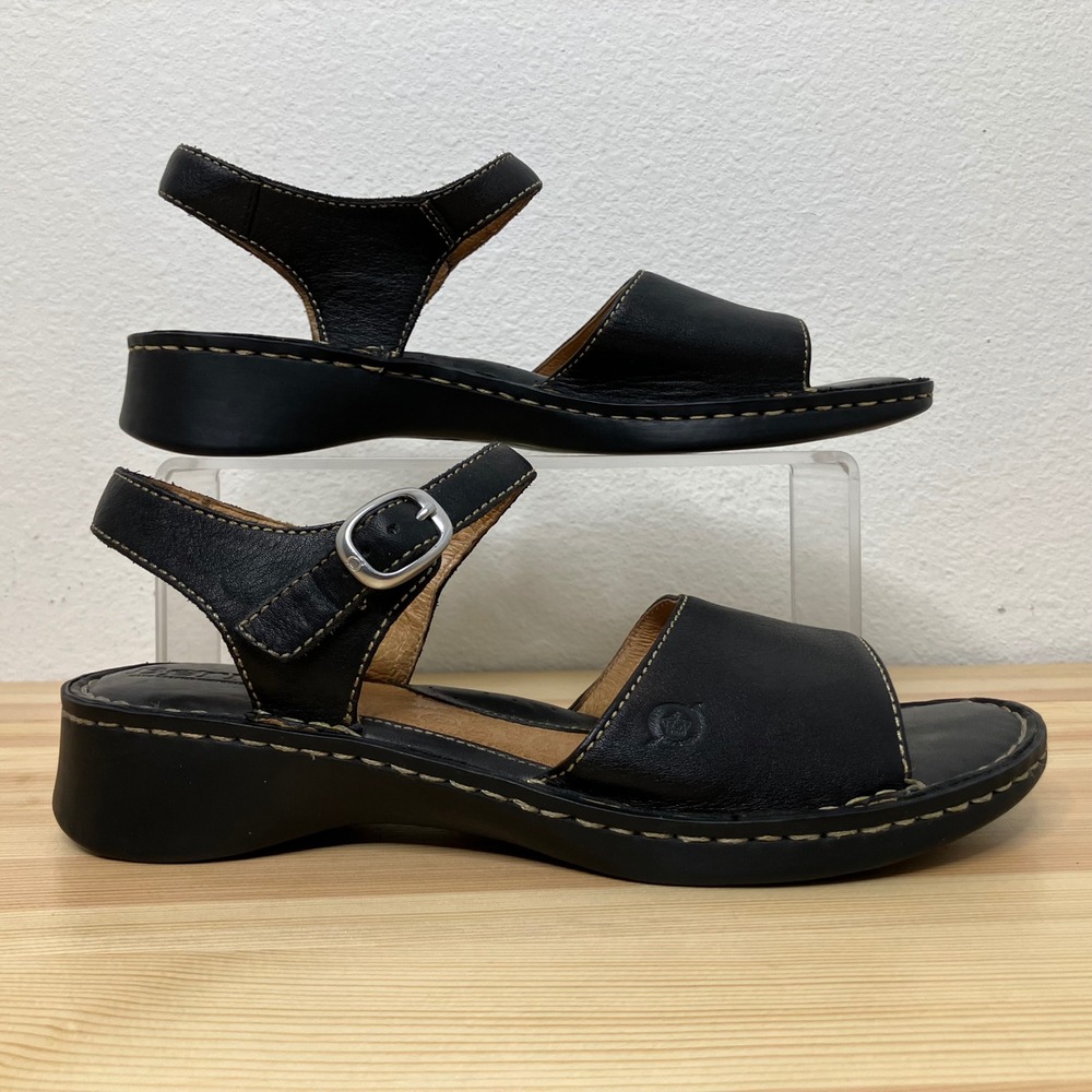 Born Mary Jane Leather Sandals Womens Size 9 Black Ankle Strap Wedge W3992 C4